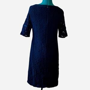 ECI New York Navy Lace Sheath Dress Women 8 | Floral Overlay| Classic Cocktail
